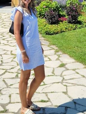Draper James Blue Striped Dress with Ruffle Sleeves